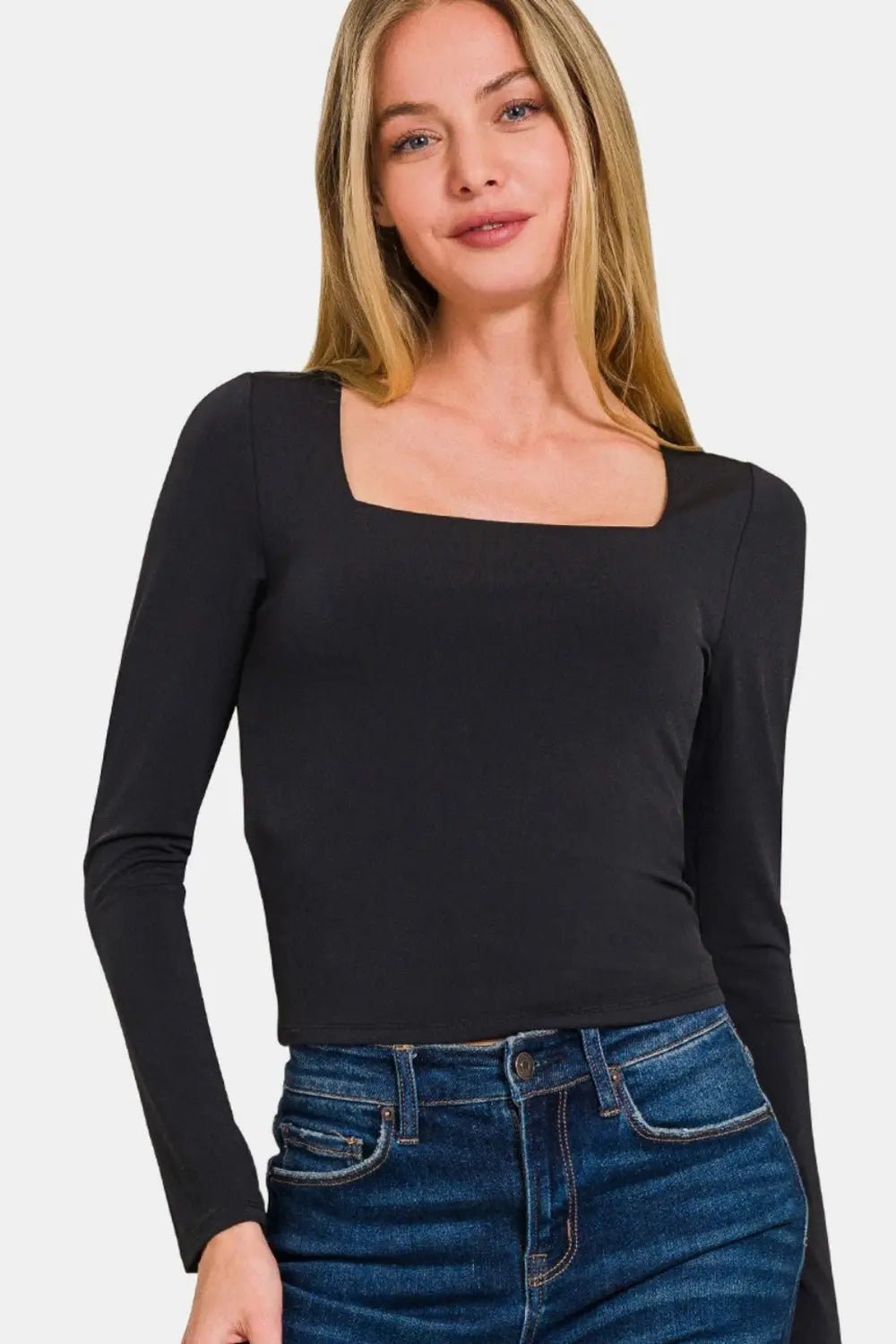 Zenana Square Neck Fitted Long Sleeve T - Shirt - Celeste