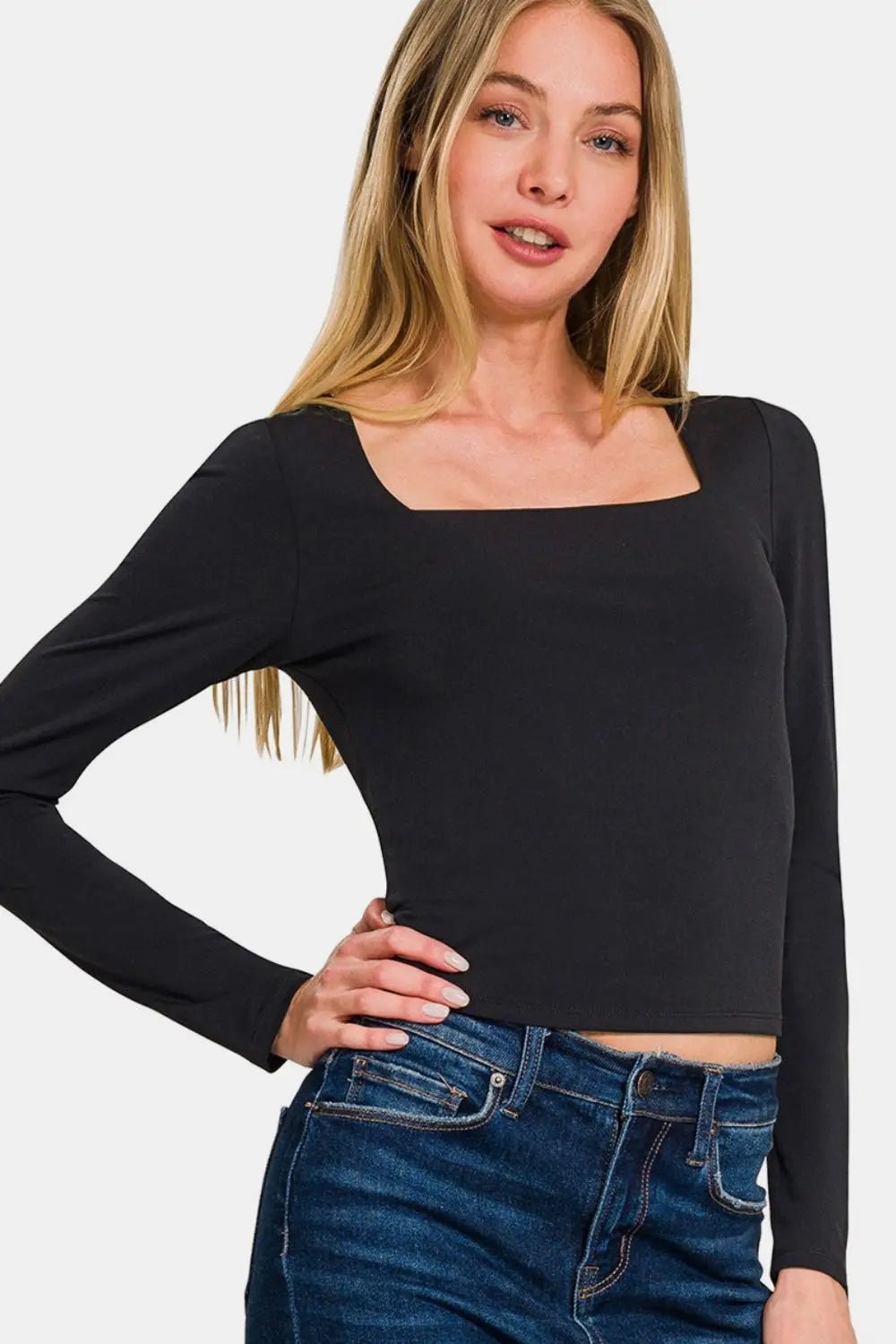 Zenana Square Neck Fitted Long Sleeve T - Shirt - Celeste