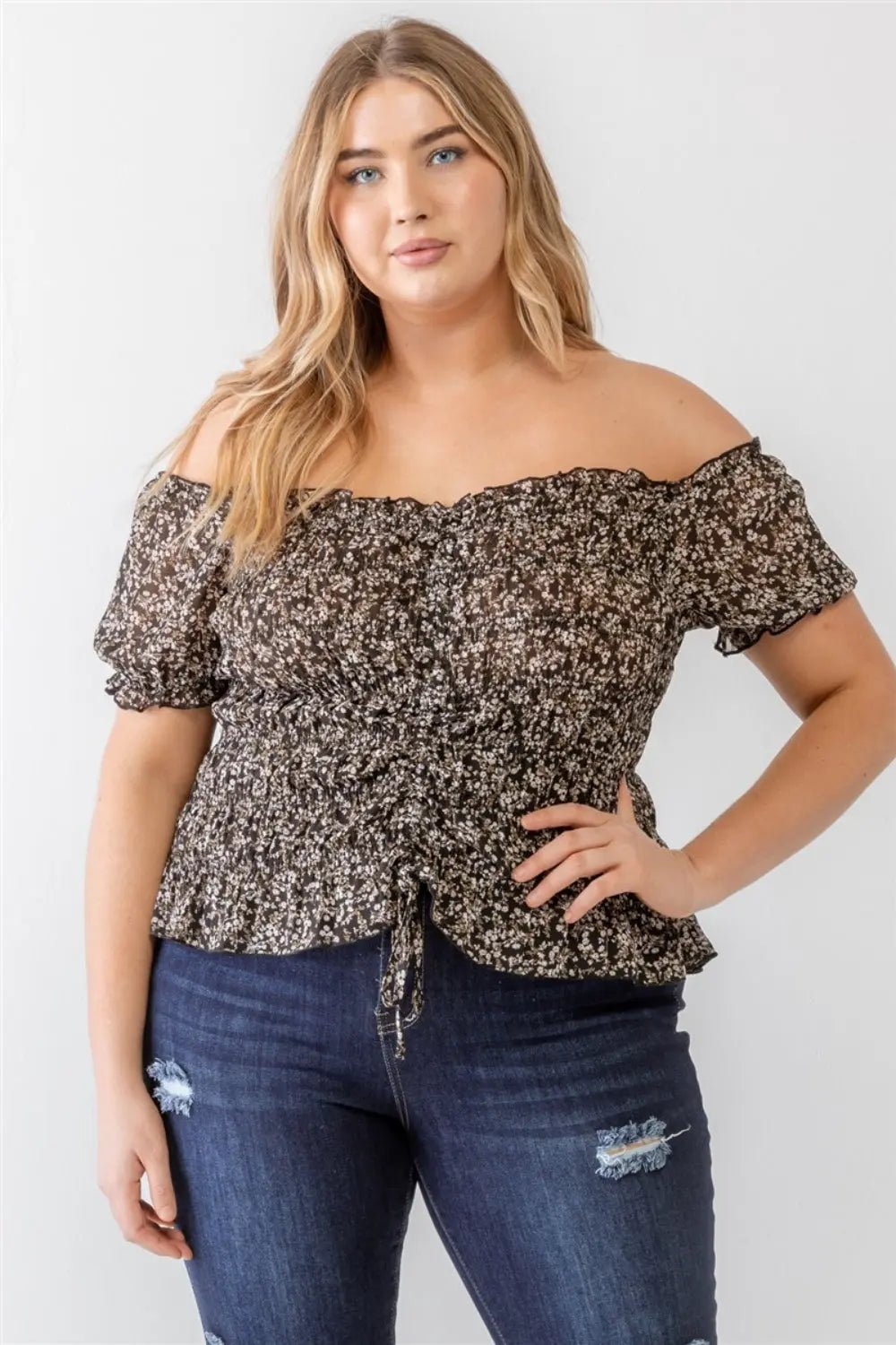 Zenobia Plus Size Frill Ruched Off - Shoulder Short Sleeve Blouse - Celeste