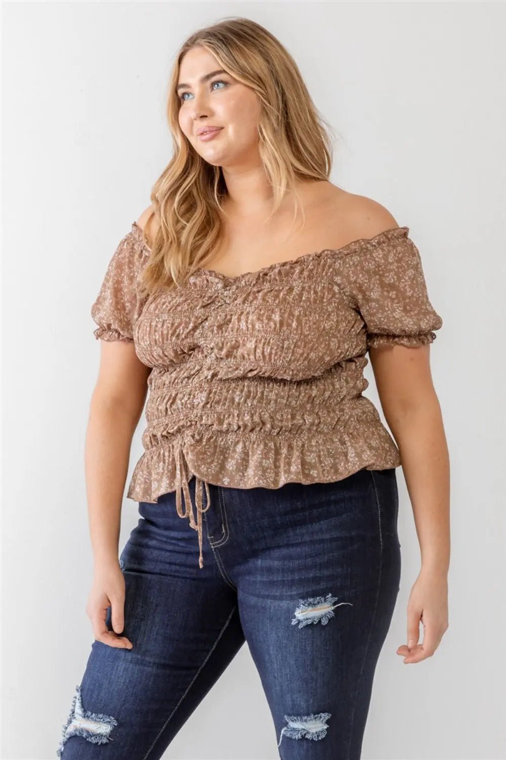 Zenobia Plus Size Frill Ruched Off - Shoulder Short Sleeve Blouse - Celeste