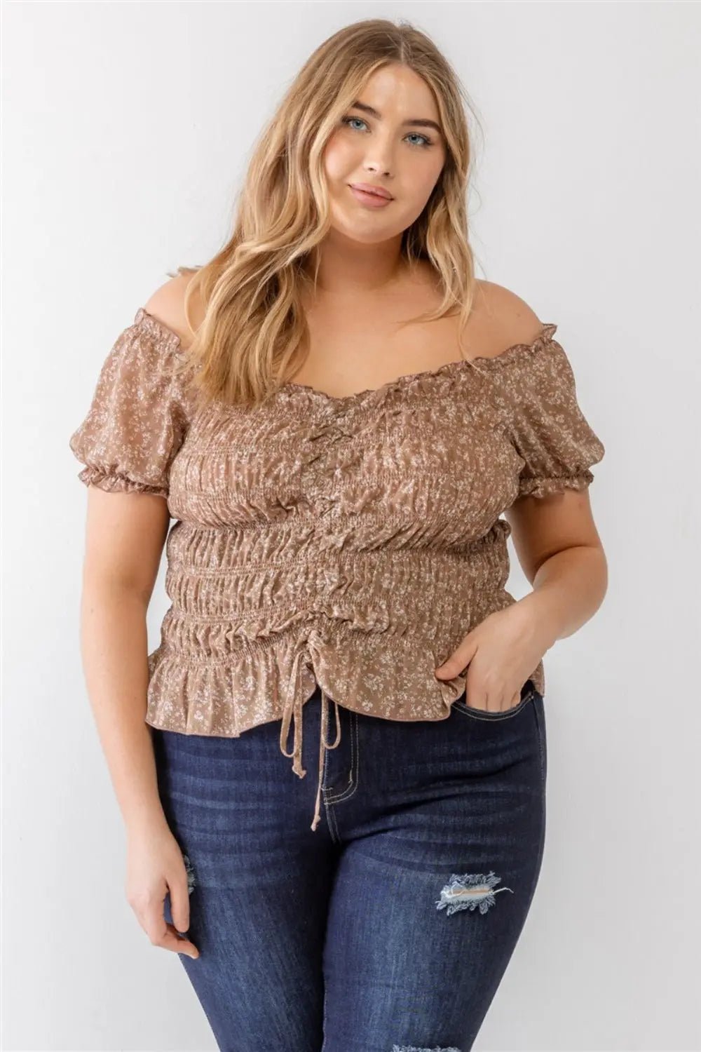 Zenobia Plus Size Frill Ruched Off - Shoulder Short Sleeve Blouse - Celeste