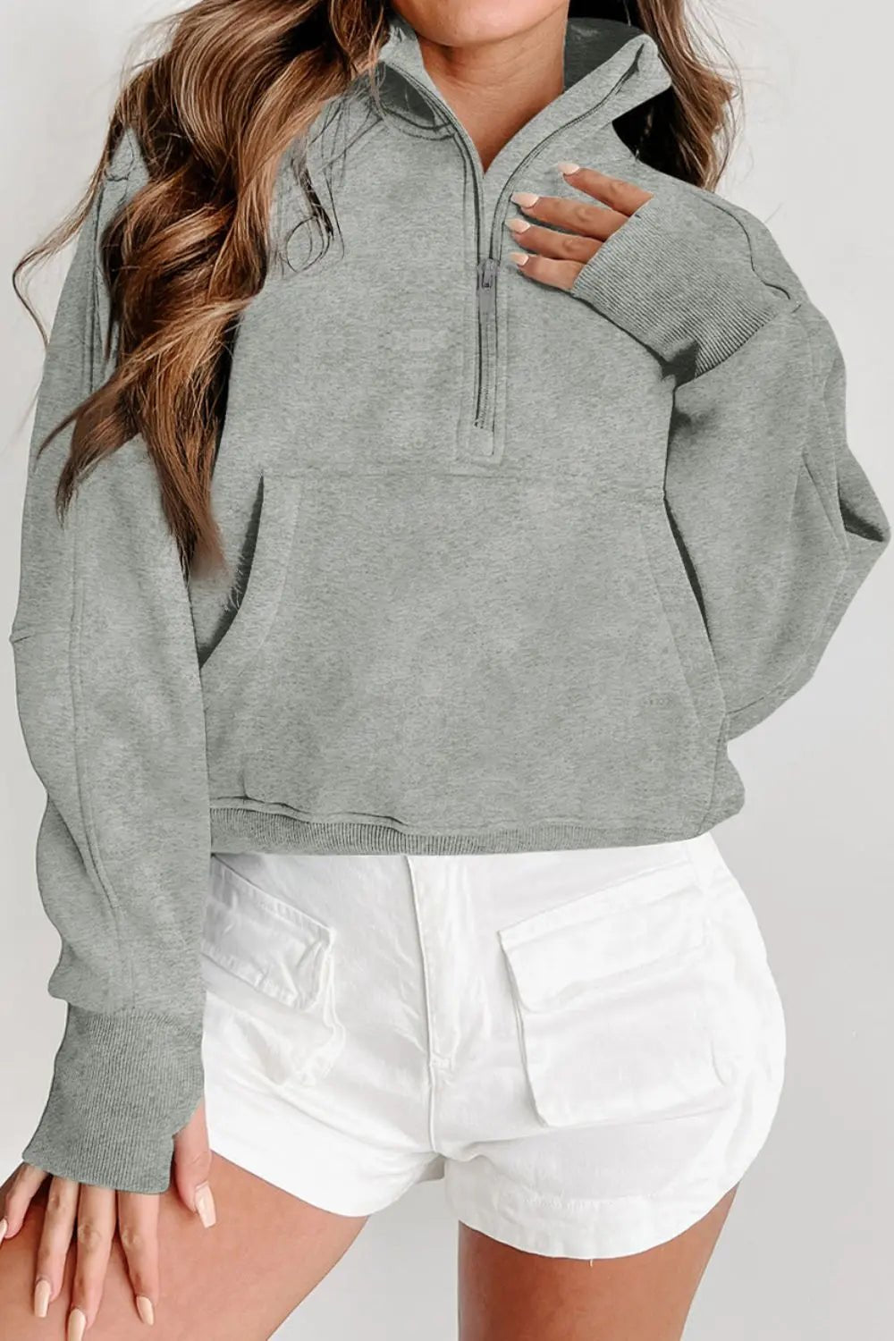 Zip - Up Collared Neck Raglan Sleeve Sweatshirt - Celeste