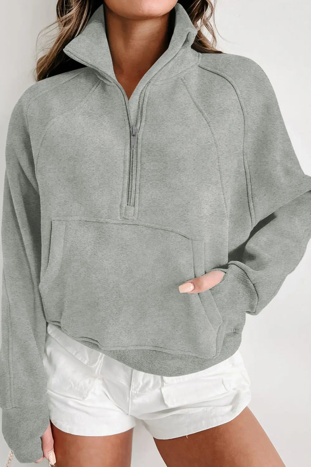 Zip - Up Collared Neck Raglan Sleeve Sweatshirt - Celeste