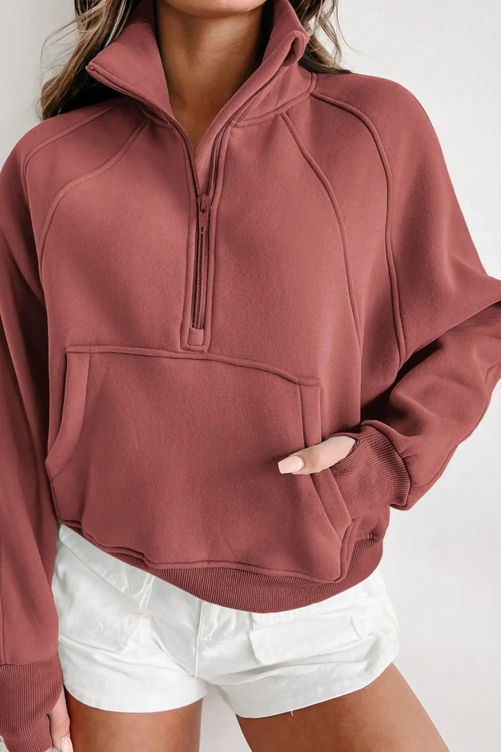 Zip - Up Collared Neck Raglan Sleeve Sweatshirt - Celeste