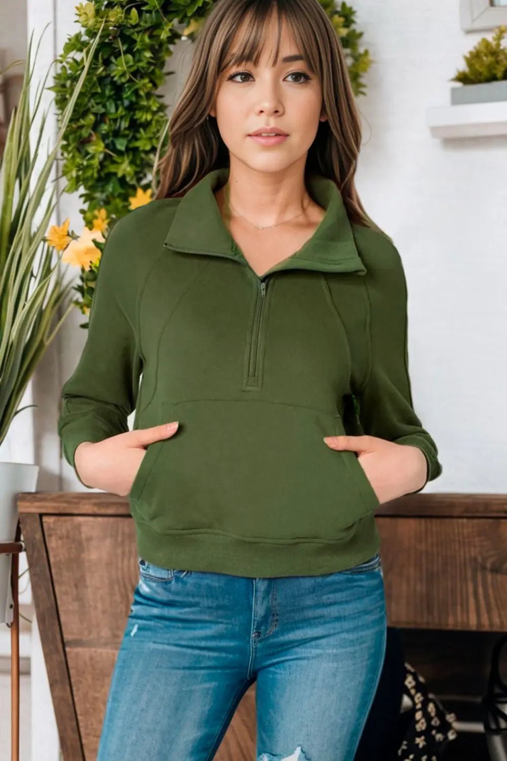 Zip - Up Collared Neck Raglan Sleeve Sweatshirt - Celeste