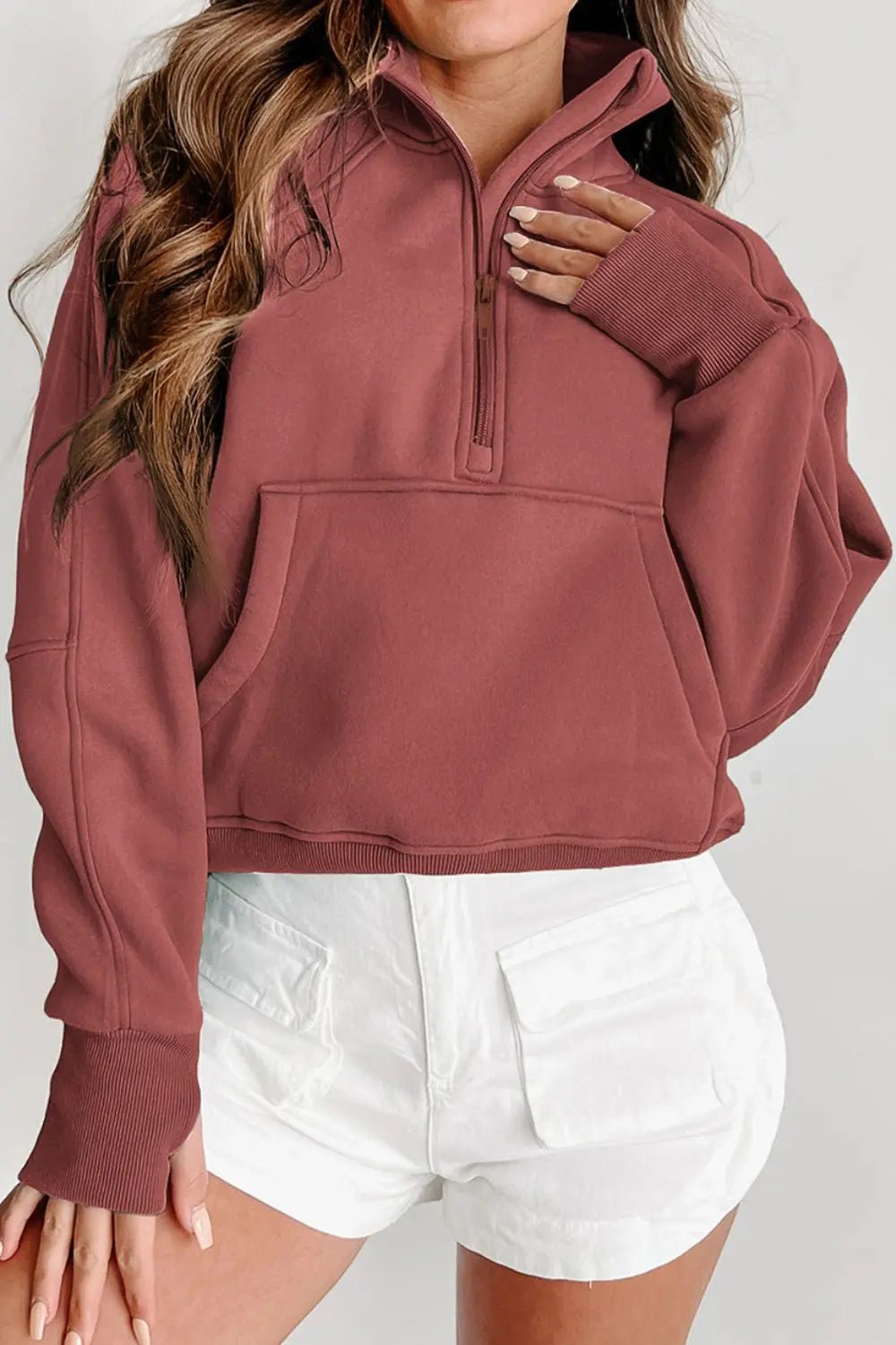 Zip - Up Collared Neck Raglan Sleeve Sweatshirt - Celeste