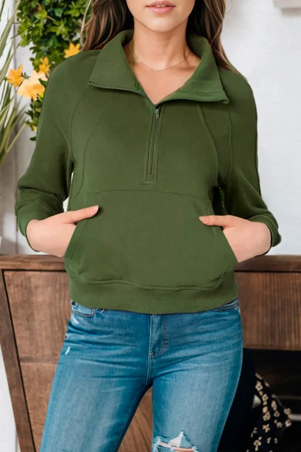 Zip - Up Collared Neck Raglan Sleeve Sweatshirt - Celeste