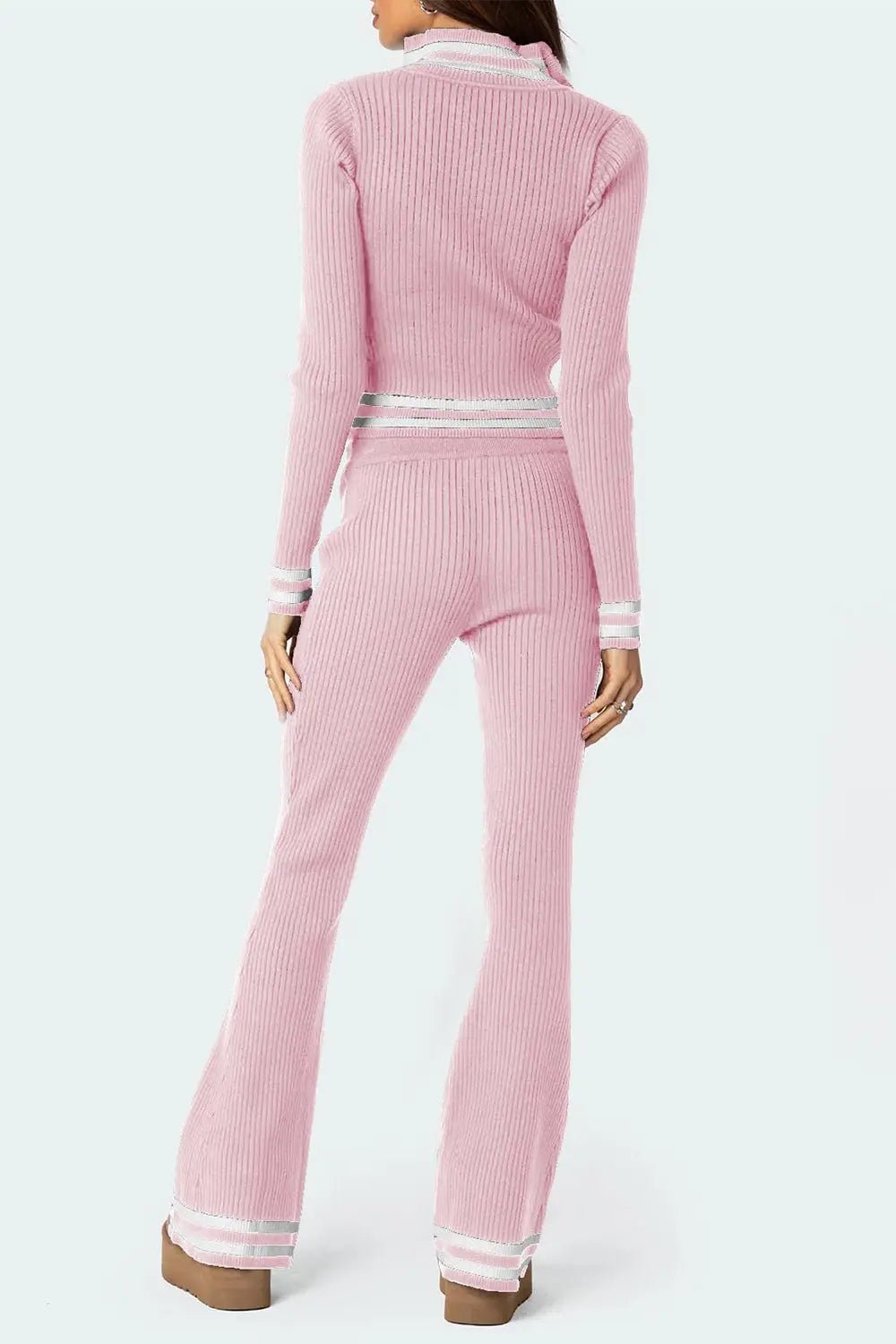 Zip Up Long Sleeve Top and Pants Set - Celeste