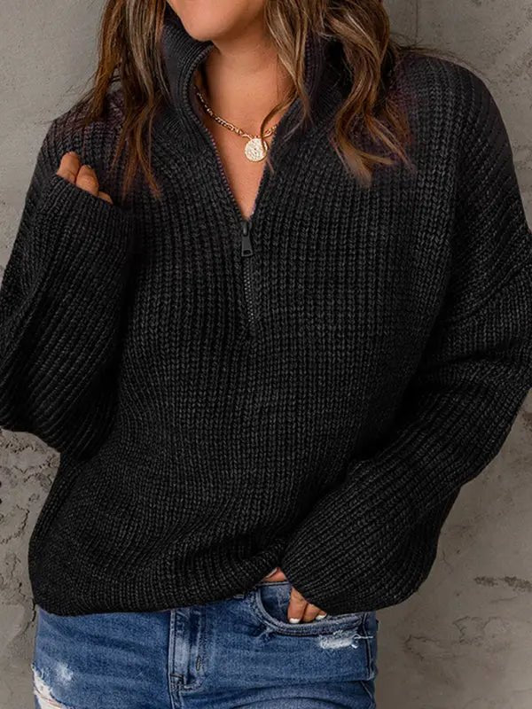 Zippered Turtleneck Pullover Sweater - Celeste