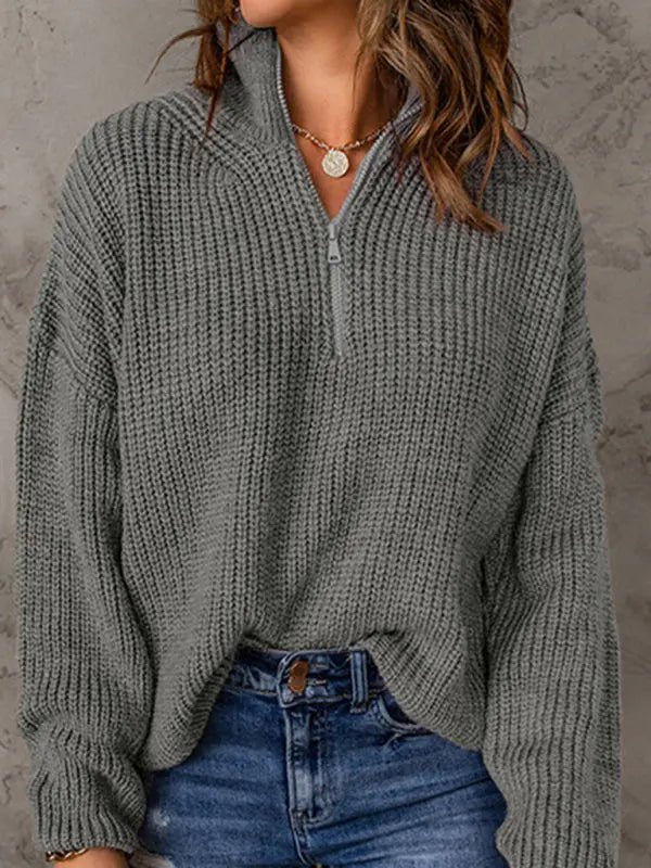 Zippered Turtleneck Pullover Sweater - Celeste