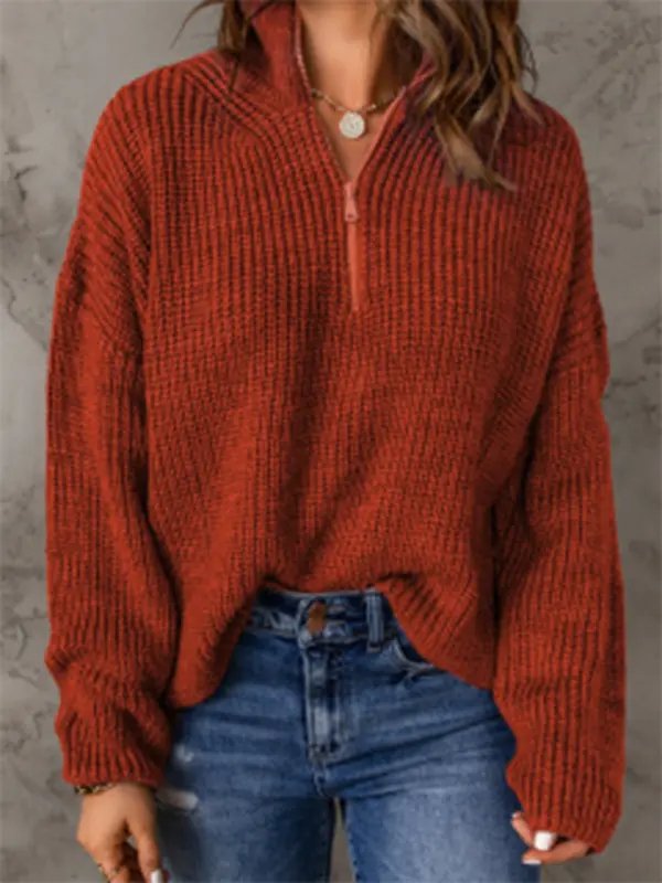 Zippered Turtleneck Pullover Sweater - Celeste