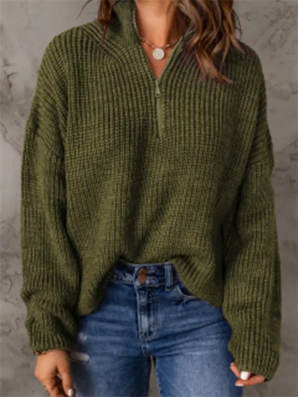 Zippered Turtleneck Pullover Sweater - Celeste