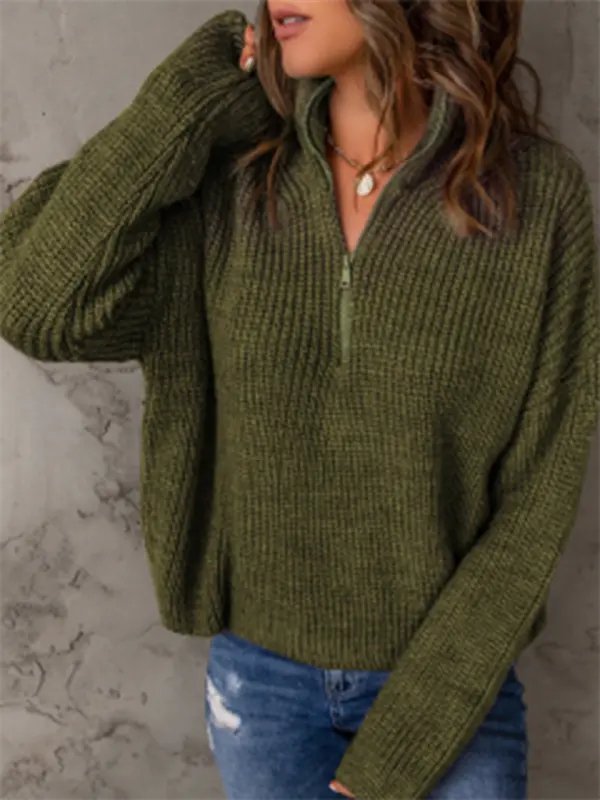 Zippered Turtleneck Pullover Sweater - Celeste