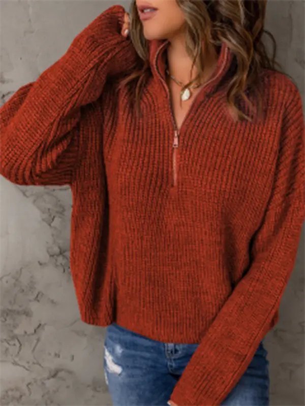 Zippered Turtleneck Pullover Sweater - Celeste