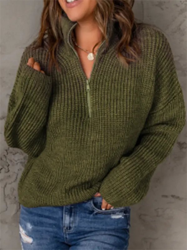 Zippered Turtleneck Pullover Sweater - Celeste