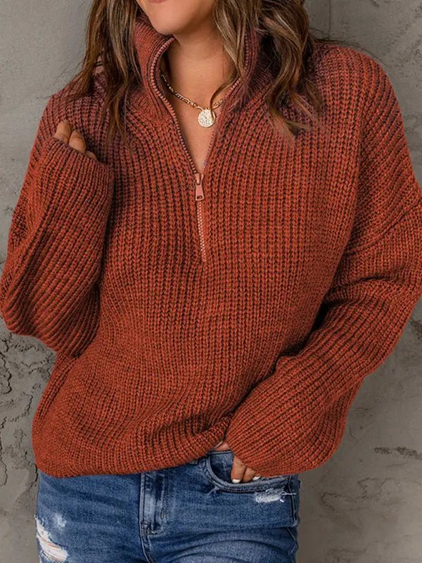 Zippered Turtleneck Pullover Sweater - Celeste