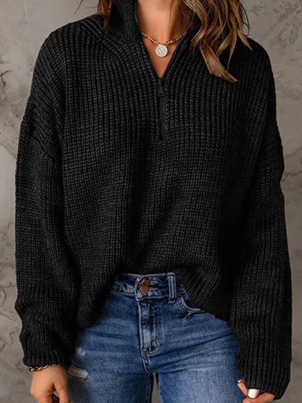 Zippered Turtleneck Pullover Sweater - Celeste